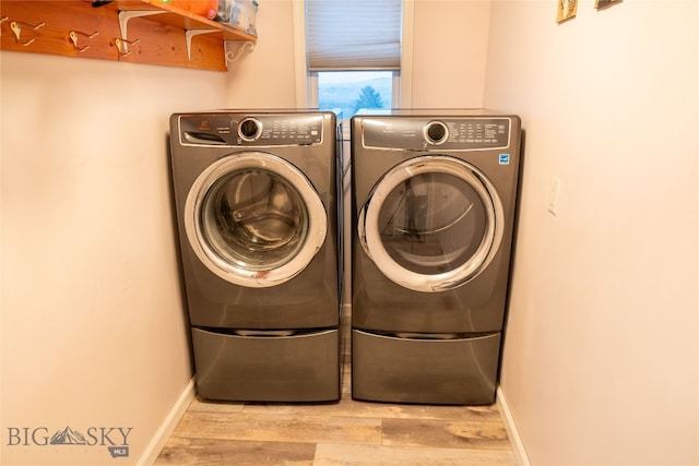 clothes washing area featuring independent washer and dryer and light wood-type flooring