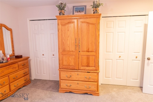 bedroom with two closets and light colored carpet