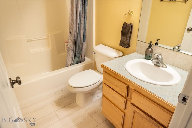 full bathroom with vanity, shower / bath combo with shower curtain, wood-type flooring, and toilet