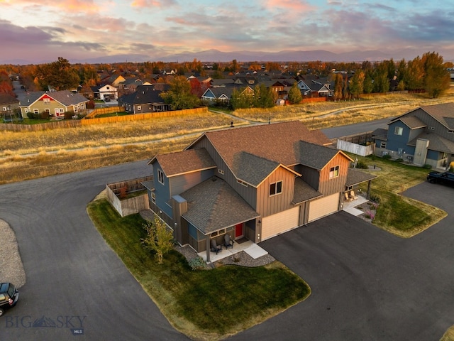 view of aerial view at dusk