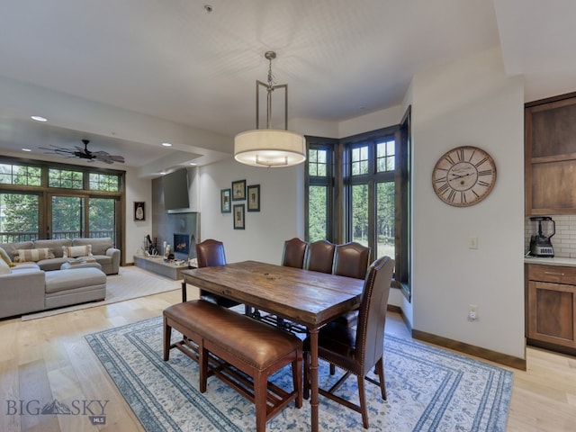 dining room featuring light wood-type flooring and ceiling fan