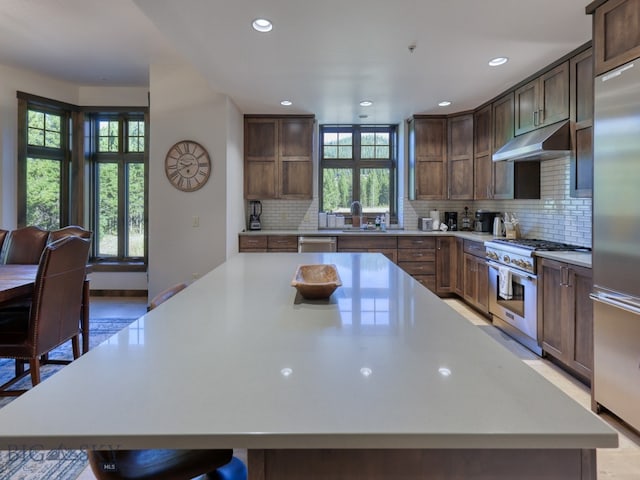 kitchen with high end appliances, a kitchen island, and backsplash