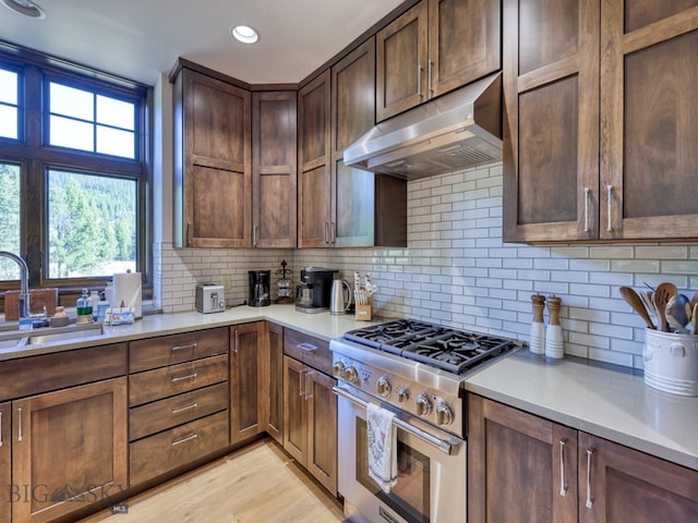 kitchen with tasteful backsplash, dark brown cabinets, high end stainless steel range oven, light hardwood / wood-style flooring, and sink