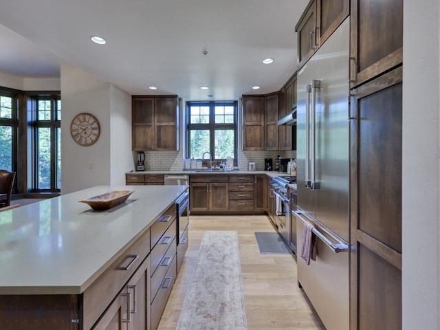 kitchen featuring light wood-type flooring, stainless steel appliances, tasteful backsplash, and plenty of natural light