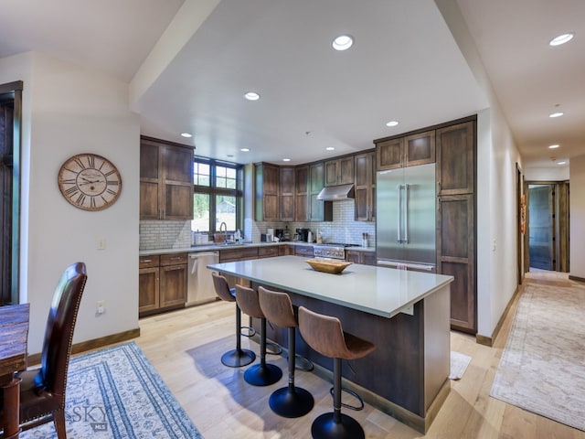 kitchen with backsplash, a kitchen breakfast bar, light wood-type flooring, a center island, and high end appliances