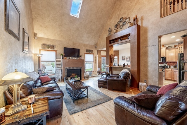 living room with light hardwood / wood-style flooring and high vaulted ceiling