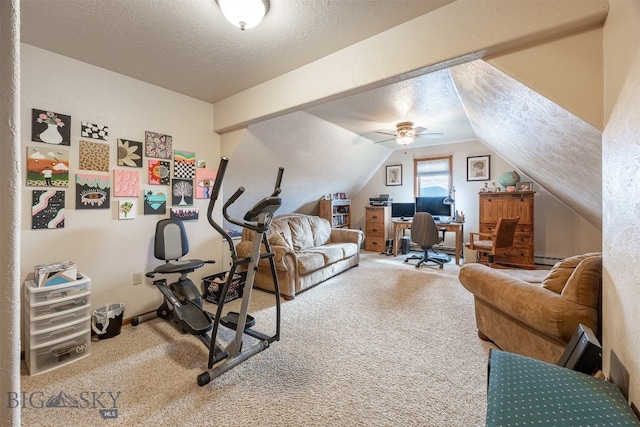 exercise room with vaulted ceiling, a textured ceiling, carpet, and ceiling fan