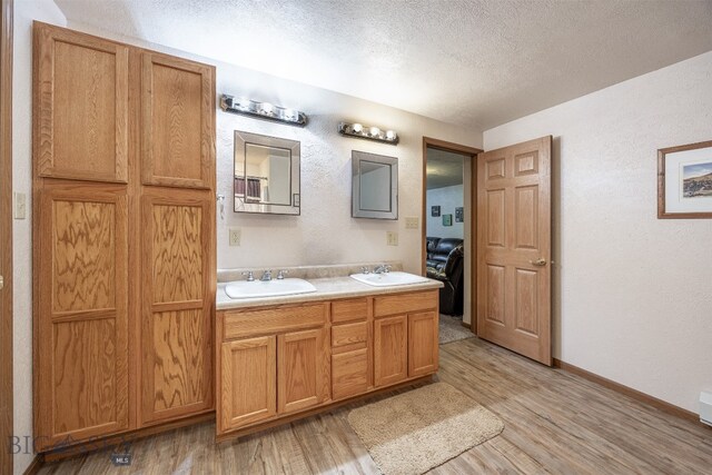 bathroom with vanity, hardwood / wood-style flooring, and a textured ceiling