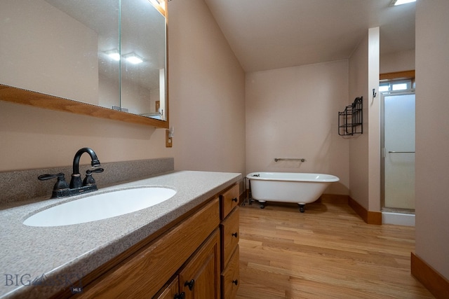 bathroom with vanity, shower with separate bathtub, and wood-type flooring