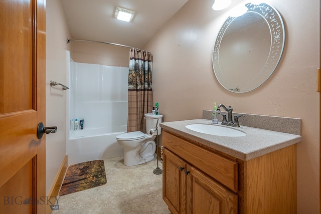 full bathroom featuring vanity, toilet, lofted ceiling, and shower / tub combo