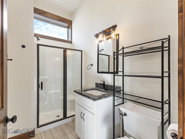 bathroom featuring vanity, toilet, wood finished floors, and a stall shower