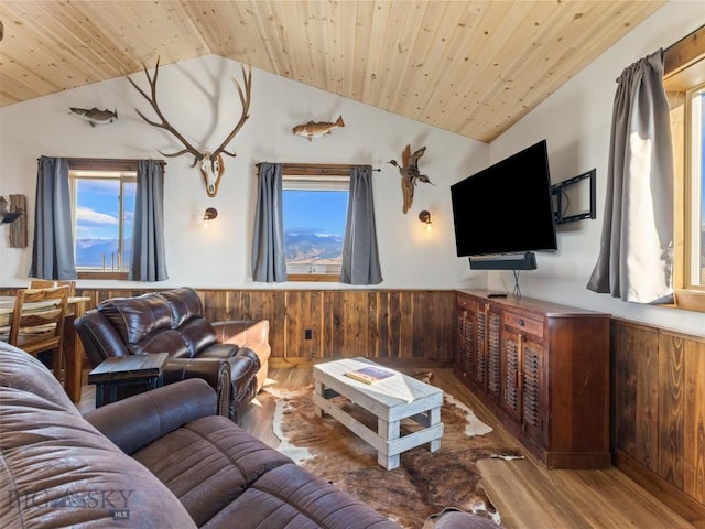 living area featuring vaulted ceiling, wainscoting, plenty of natural light, and wood finished floors