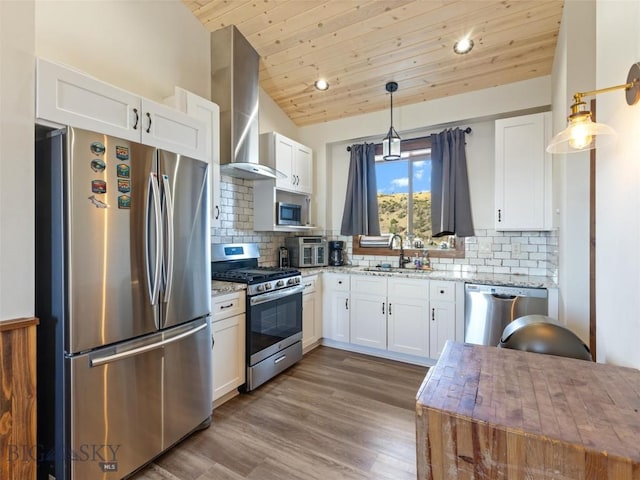 23 Caspari Way E, Emigrant, MT 59027 - kitchen featuring stainless steel appliances, wall chimney exhaust hood, white cabinetry, wood ceiling, and decorative backsplash