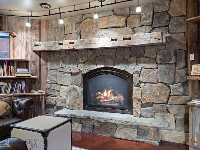 details with a stone fireplace