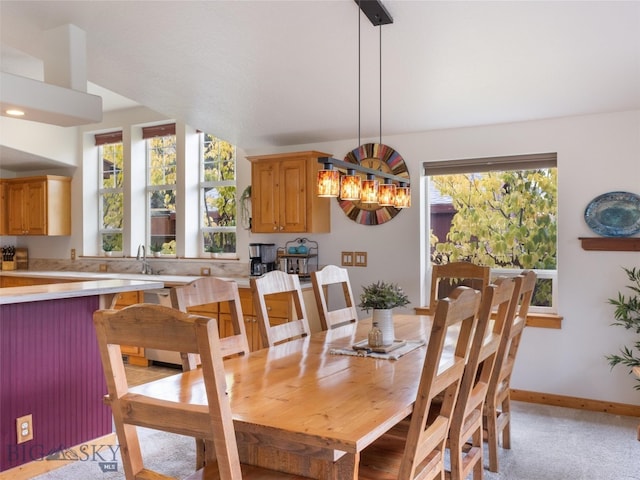 dining room with light colored carpet