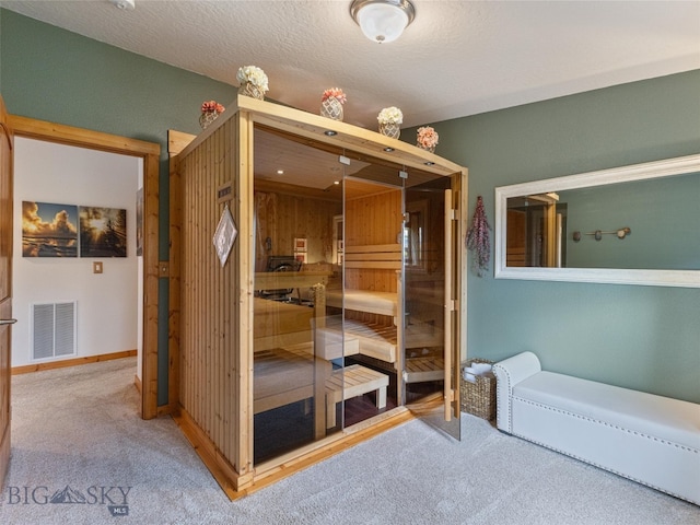 bedroom with carpet flooring and a textured ceiling