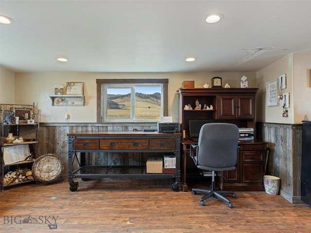 193 Tobe Rd, Ennis, MT 59729 - home office featuring wood finished floors, recessed lighting, and wainscoting