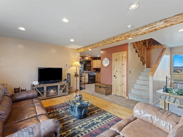 193 Tobe Rd, Ennis, MT 59729 - living room featuring stairs, light wood-type flooring, and recessed lighting