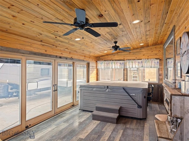 193 Tobe Rd, Ennis, MT 59729 - sunroom / solarium featuring a hot tub, lofted ceiling, french doors, plenty of natural light, and a ceiling fan