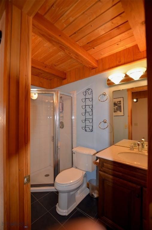 155 Moose Run, Polaris, MT 59746 - full bathroom featuring a wood ceiling with exposed beams, tile patterned floors, vanity, and a stall shower