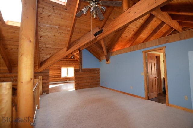 155 Moose Run, Polaris, MT 59746 - bonus room featuring ceiling fan, a skylight, carpet floors, wood ceiling, and baseboard heating
