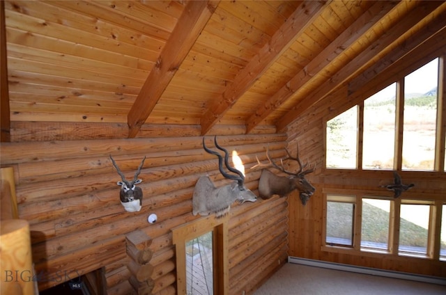 155 Moose Run, Polaris, MT 59746 - detailed view of a baseboard heating unit, a wooden ceiling with exposed beams, rustic walls, and carpet