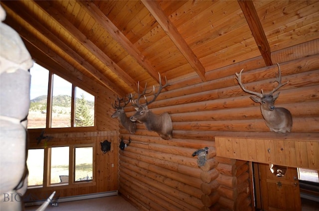 155 Moose Run, Polaris, MT 59746 - detailed view of a wood ceiling with exposed beams, baseboard heating, and rustic walls
