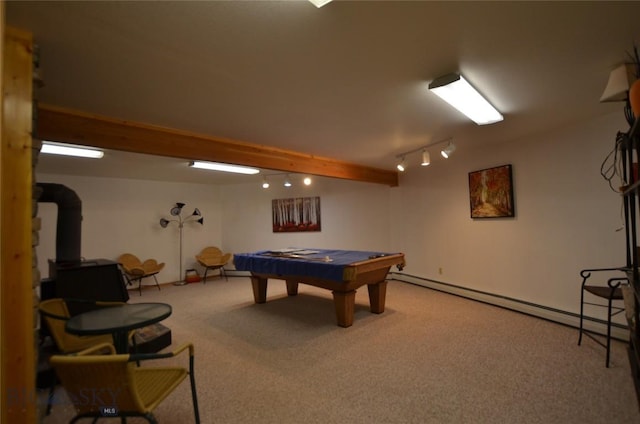155 Moose Run, Polaris, MT 59746 - playroom featuring carpet floors, track lighting, a baseboard heating unit, billiards, and a wood stove