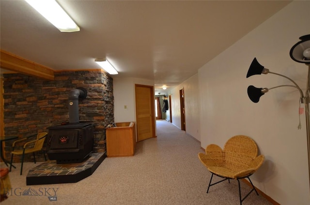 155 Moose Run, Polaris, MT 59746 - living room featuring a wood stove and light colored carpet