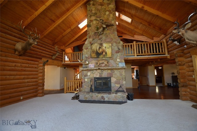 unfurnished living room with a skylight, wood-type flooring, high vaulted ceiling, and wooden ceiling