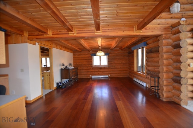 unfurnished living room featuring dark wood-type flooring, wooden ceiling, and a baseboard radiator