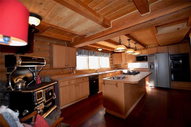 155 Moose Run, Polaris, MT 59746 - kitchen featuring black appliances, a wood ceiling with exposed beams, dark wood finished floors, light brown cabinets, and light countertops