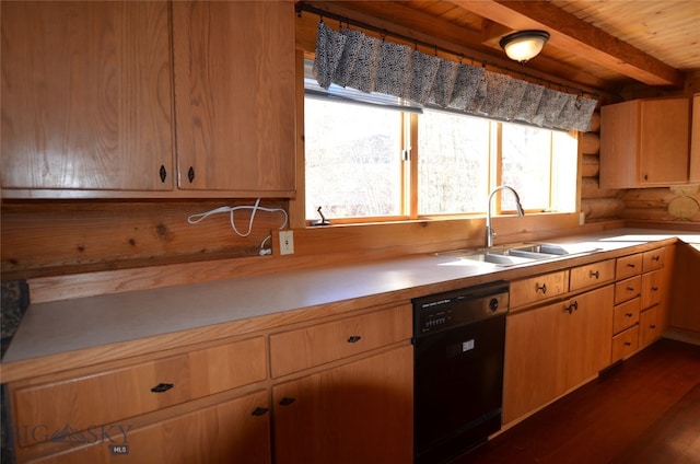 kitchen featuring beam ceiling, black dishwasher, sink, and wooden ceiling