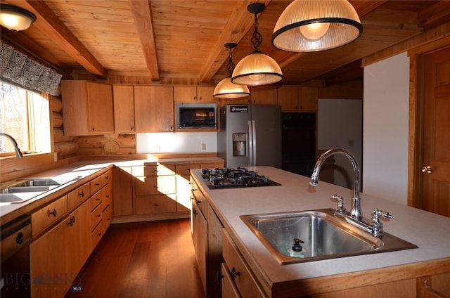 kitchen featuring sink, black appliances, an island with sink, and decorative light fixtures