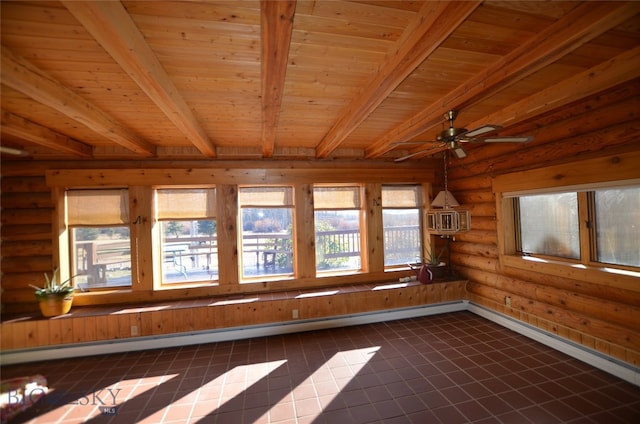 unfurnished sunroom with beam ceiling, wooden ceiling, and plenty of natural light