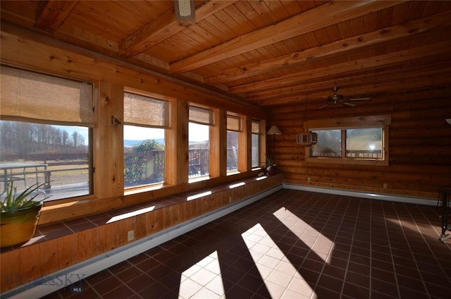 155 Moose Run, Polaris, MT 59746 - unfurnished sunroom featuring a wooden ceiling with exposed beams, tile patterned flooring, and rustic walls
