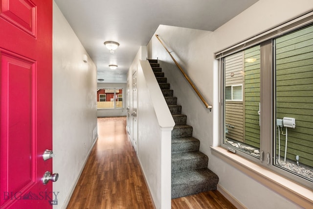 stairway featuring hardwood / wood-style floors