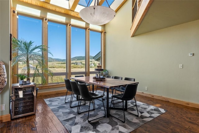 dining space with dark wood-type flooring, a skylight, and a mountain view