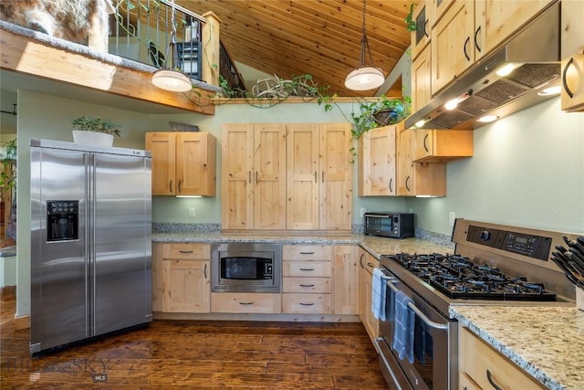 kitchen featuring dark hardwood / wood-style flooring, hanging light fixtures, built in appliances, light stone counters, and light brown cabinets