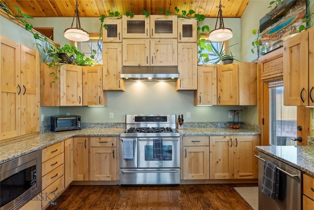 kitchen with appliances with stainless steel finishes, light stone countertops, decorative light fixtures, wooden ceiling, and light brown cabinets