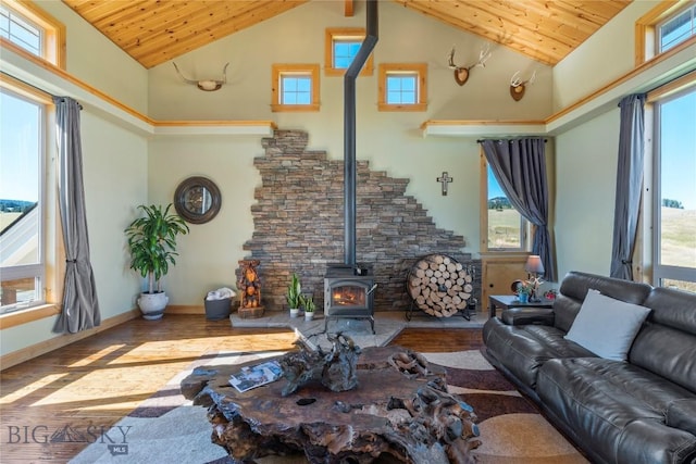 living room featuring hardwood / wood-style floors, high vaulted ceiling, wooden ceiling, and a wood stove