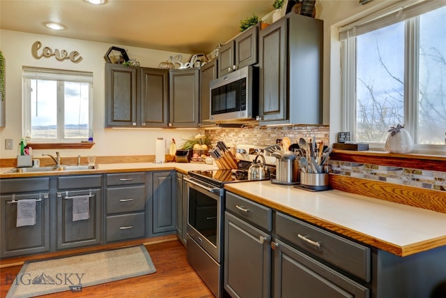 kitchen featuring wood-type flooring, appliances with stainless steel finishes, sink, and gray cabinets