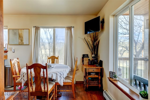 dining area with plenty of natural light and dark hardwood / wood-style flooring