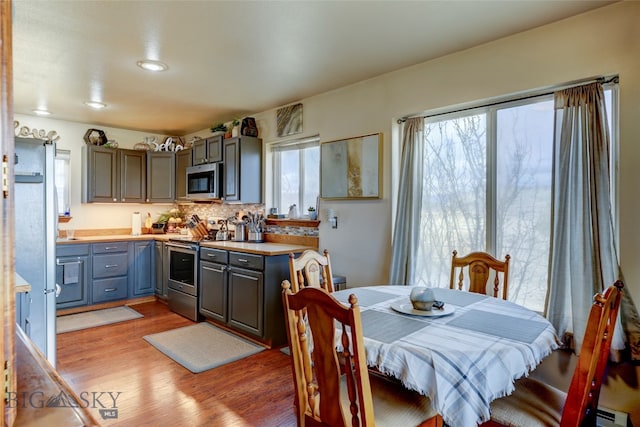 dining area featuring a baseboard radiator and light hardwood / wood-style floors