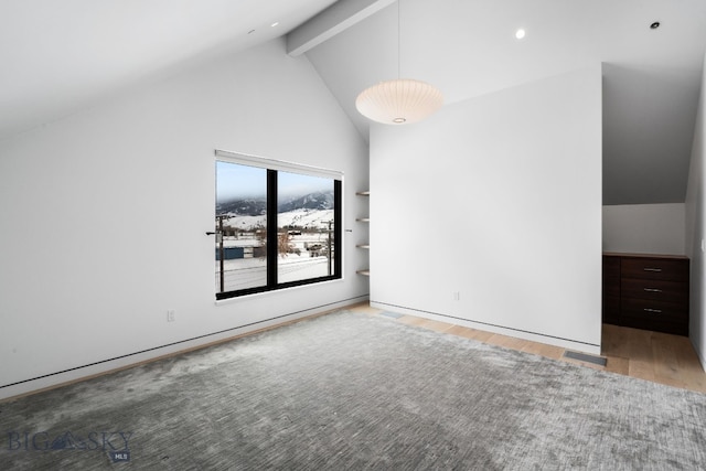 additional living space featuring beam ceiling, built in features, high vaulted ceiling, and wood-type flooring