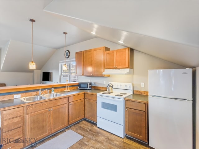 kitchen featuring wood-type flooring, sink, vaulted ceiling, pendant lighting, and white appliances