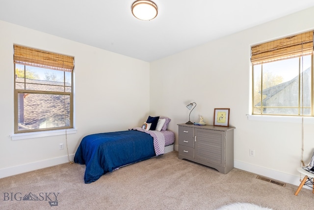 bedroom with light carpet