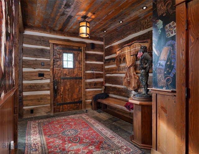 mudroom featuring wood ceiling