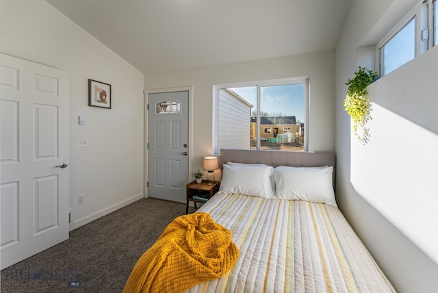 carpeted bedroom with lofted ceiling