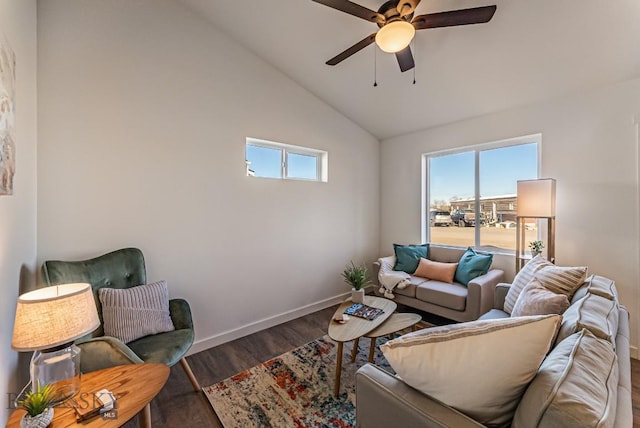 411 Brookline St Unit B, Livingston, MT 59047 - living room featuring a ceiling fan, wood finished floors, healthy amount of natural light, baseboards, and high vaulted ceiling